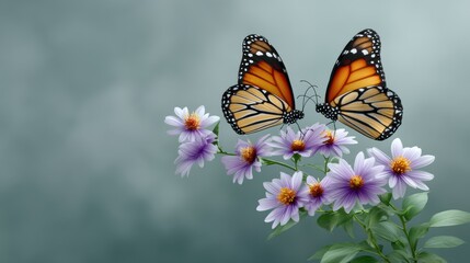 Fototapeta premium A Beautiful Encounter of Two Butterflies Gracing Purple Flowers in an Enchanting Digital Garden Art