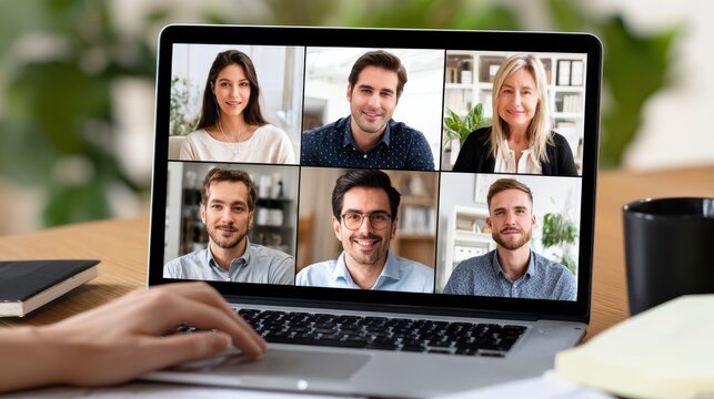 Business Professionals Engaged in a Virtual Video Conference on a Laptop Screen