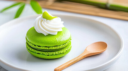 Delicious green macaron with cream topping on a white plate, styled with a wooden spoon and a bamboo backdrop for an inviting dessert presentation