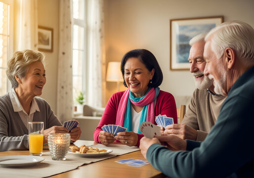 Elderly friends enjoying their time playing cards, laughing and socializing - Powered by Adobe