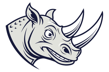 A cartoonstyled rhino head is illustrated with its large horns and happy toothy grin