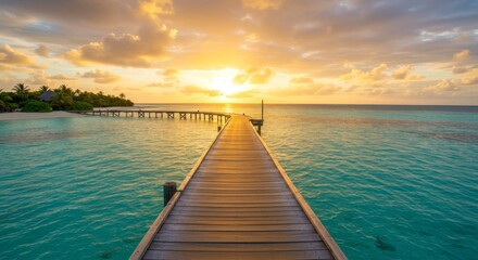 Fototapeta premium Serene Sunset over Tropical Ocean with Wooden Pier