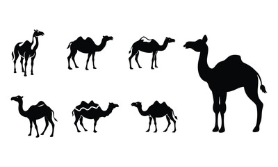 Silhouetted Camels A Collection of Desert Animal Imagery Depicting Various Poses and Camel Types in a Minimalist Black and White Style, ai generated
