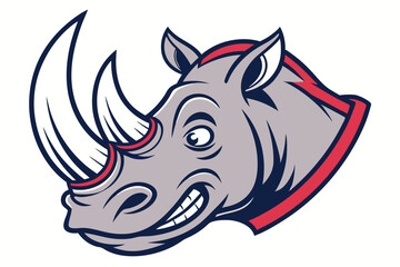 A grey rhino shows a playful grin with prominent red and blue accents
