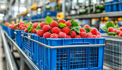 Strawberries in plastic crates on conveyor belt