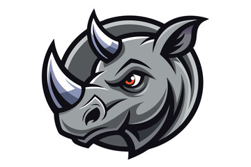 Intense gray rhino head features formidable horn and piercing orange eye on a white backdrop