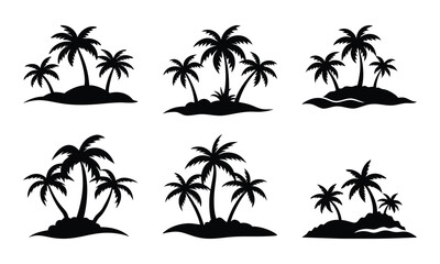 Set of Black Tropical Island Silhouettes with Palm Trees for Summer Vacation Designs and Beach Holiday Themed Decoration © design vector