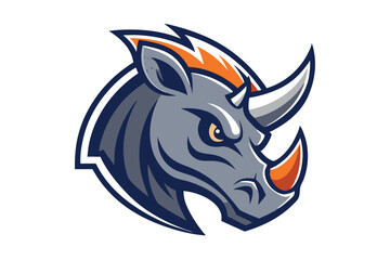 Powerful gray rhino head looks forward intently, showcasing orange accents and strong line work