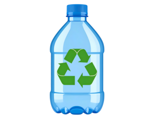 Plastic water bottle with recycling symbol. Transparent background