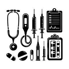 Medical equipment and pharmacy icons set