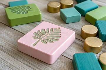 Pastel Green and Pink Wooden Blocks with Leaf Designs Montessori Inspired Educational Toys