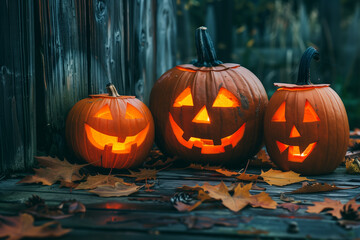 Glowing Halloween Pumpkins on Rustic Porch