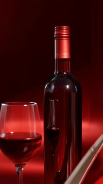 Elegant studio setup with a red wine bottle, a glass of red wine, and a shiny red stiletto, creating a sophisticated and monochromatic still life