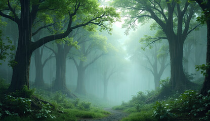Obraz premium Tranquil Misty Forest with Sunlight