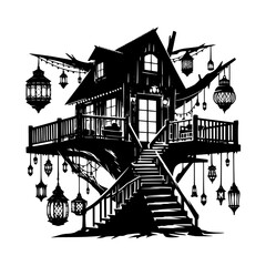Obraz premium Enchanted treetop house with hanging lanterns