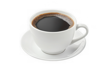High-resolution stock photo of freshly brewed black coffee in white cup with saucer, perfect for morning routine, isolated on transparent background