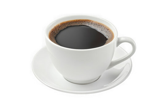 High-resolution stock photo of freshly brewed black coffee in white cup with saucer, perfect for morning routine, isolated on transparent background - Powered by Adobe