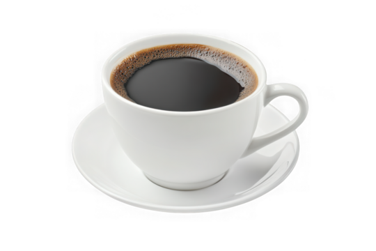 High-resolution stock photo of freshly brewed black coffee in white cup with saucer, perfect for morning routine, isolated on transparent background