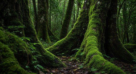 Fototapeta premium Lush Green Forest with Moss Covered Trees
