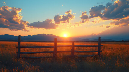 Sunset landscape golden hour over grassy field with fence