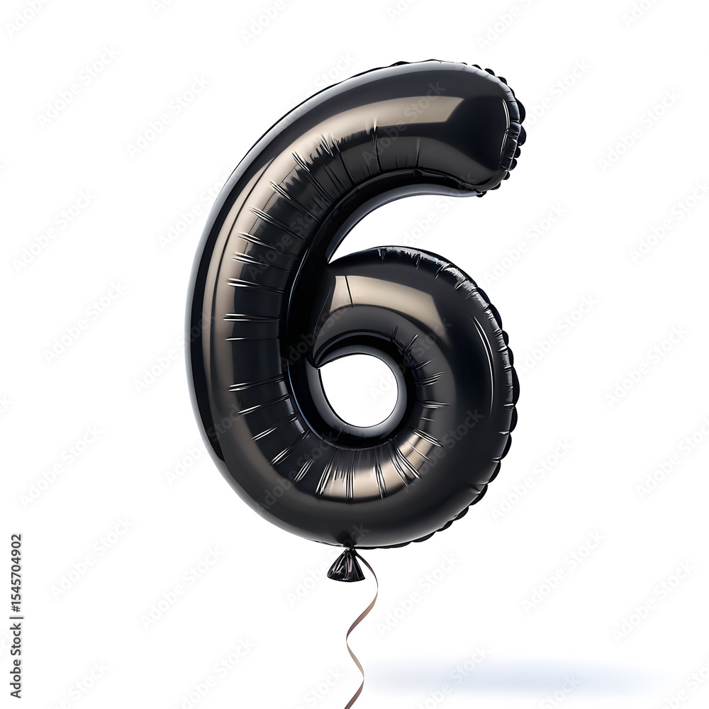 Fototapete a balloon shaped like the number 6,matte black metallic finish with realistic reflections and smooth