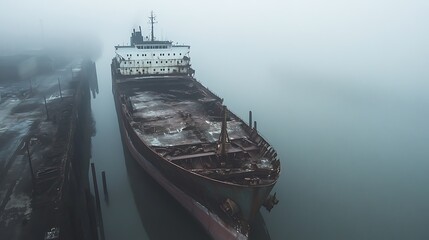 Old cargo ship broken in two, rust and decay, foggy harbor