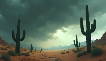 Storm Clouds over Desert Landscape with Cactus