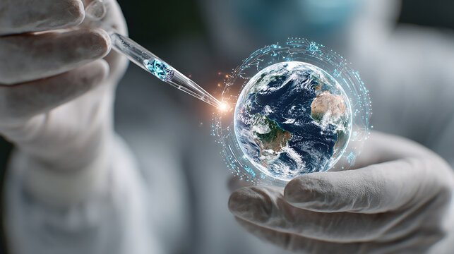 Innovative scientific research concept showing scientist holding pipette with glowing earth hologram representing global technology and future discovery - Powered by Adobe