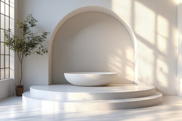 White bathtub with a plant in white bathroom
