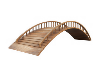 Detailed wooden garden bridge illustration, arched footbridge structure, landscaping element, architecture, isolated on transparent background