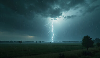 Lightning Strike over Rainy Countryside