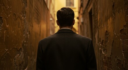 Obraz premium Man Walking Away in a Dark City Alley