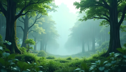 Obraz premium Tranquil Misty Forest with Sunlight