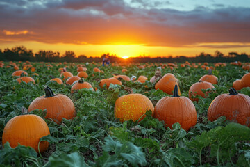 Pumpkins basking in sunset's glow in a field.