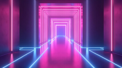 Illuminated passage formed by square neon lights in a futuristic hallway