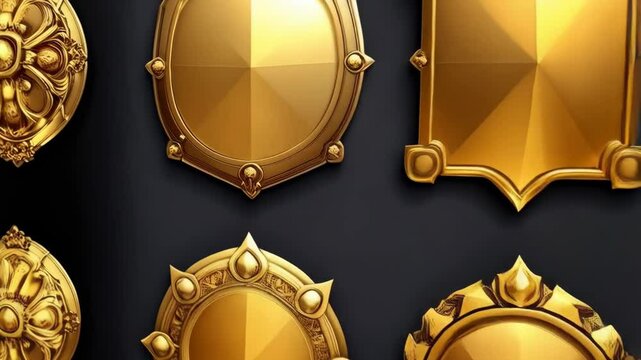 Collection of shiny golden badges and decorative emblems, suitable for awards and heraldic design on a dark background