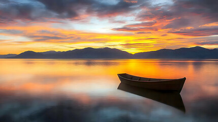 Serene Boat on Lake at Sunset
