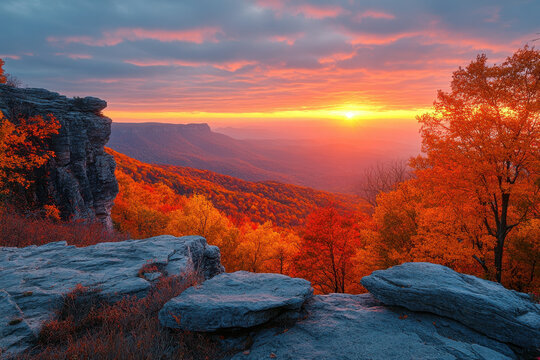 Sun setting over Blue Ridge mountains in wilderness.