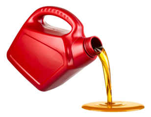 Red plastic container pouring liquid onto a surface. Transparent background