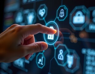 smart device interface, hand tapping transparent smart panel icon, digital interaction concept, ui photo, soft light close up