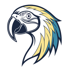 Bold macaw head shows striking blue and yellow feather details on its face