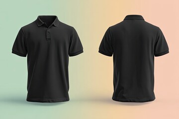 Front and back view of a plain black short-sleeved polo shirt on a pastel background