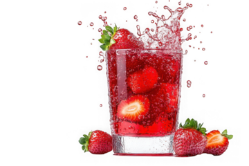 Strawberry juice splash png, fresh red drink with strawberries, summer fruit beverage, refreshment, isolated on transparent background