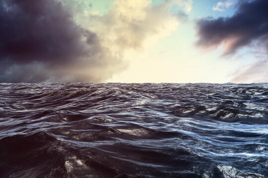 Fototapeta Flat illustration is showing choppy ocean waves with horizon under storm clouds and sunlit sky