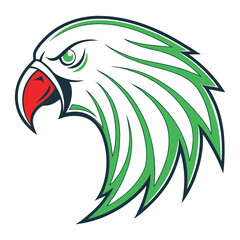 Illustrative bird head logo showcases fierce design with green and red color contrast
