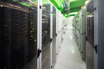 Flat design data center aisle is featuring glass server racks with glowing LEDs and white cabinets