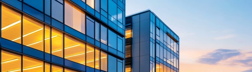 Illuminated Modern Office Building at Dusk, Modern Architecture, Glass Facade