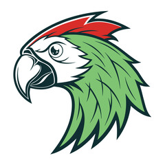 Green and red parrot side view shows feathered details in a simple vector