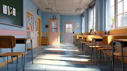 Bright and Spacious Classroom Interior with Desks and Chairs Bathed in Natural Light