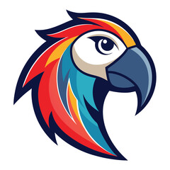 A striking parrot head with vibrant feathers displays its distinct bold beak profile